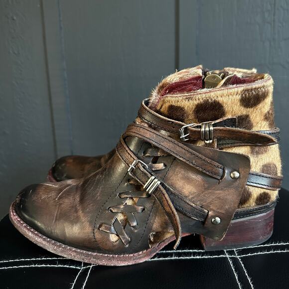 Freebird Belfast Leather Calf Hair Leopard Brown Strappy Buckle Boots Size 8 - Picture 2 of 10